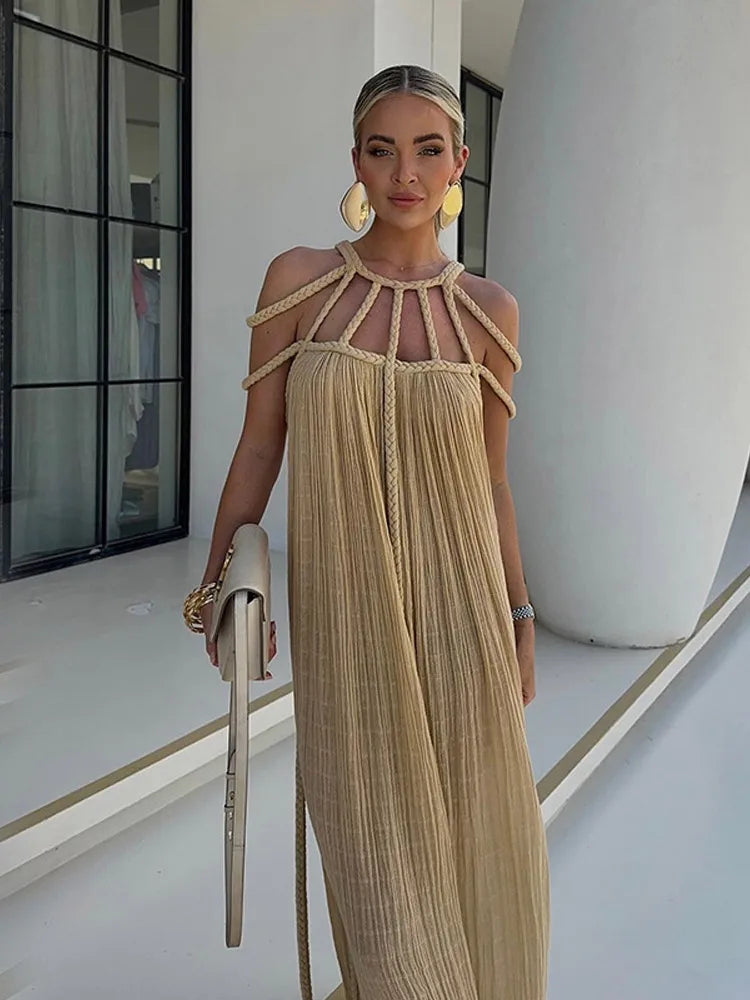 Off Shoulder Cut Out Backless Women's Dress Elegant Oversized Bandage Halter Sleeveless Dresses Female Beach Party Vacation Robe