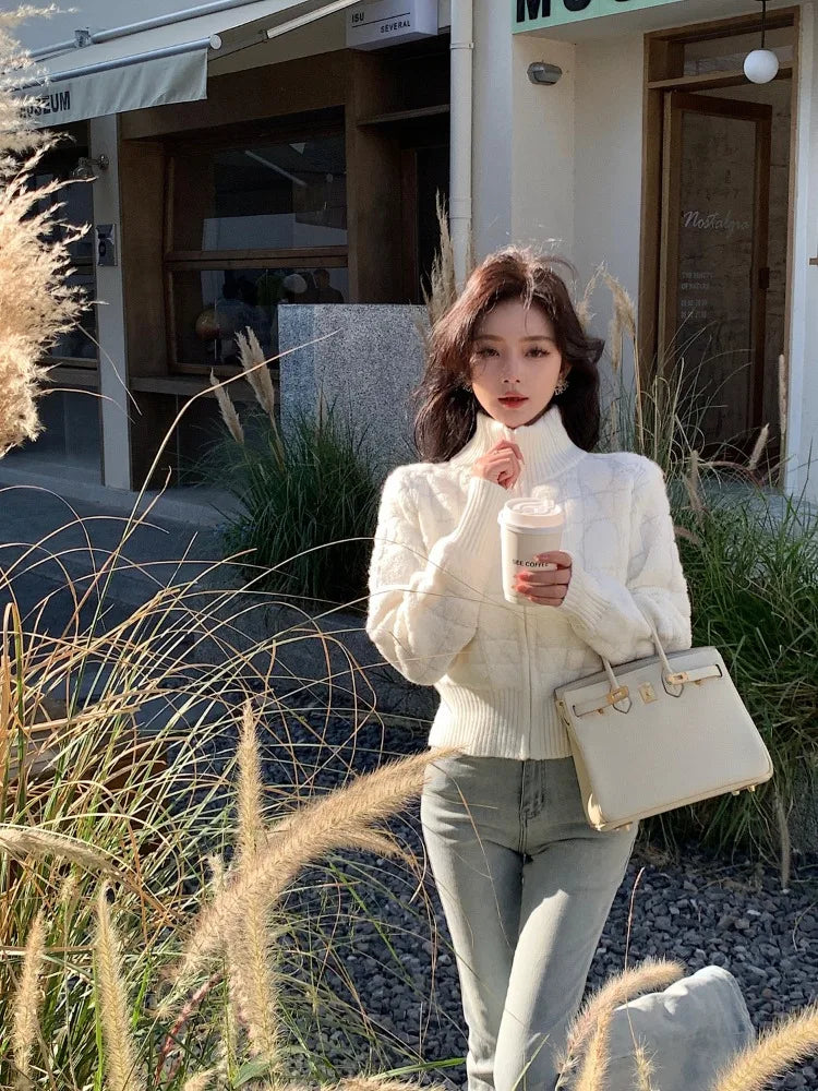 White Turtleneck Slim Elegant Zipper Sweaters Korean Chic Simple Y2k Aesthetic Women's Coats Fashion All Match Knitted Cardigans