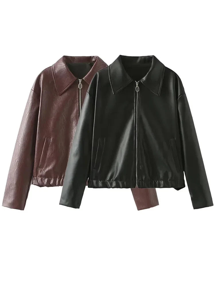 PICSGIRL -  2024 Spring Faux Leather Cropped Jackets Fashion Solid Lapel Long Sleeves Coats Pockets Zipper Female Casual Jackets