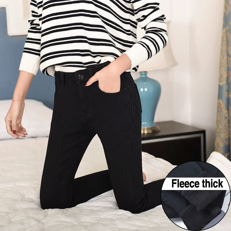 Warm Winter Size Slim Jeans Women Advanced Stretch Cotton Denim Pants Thick Fleece Student Trousers Blue Black Gray