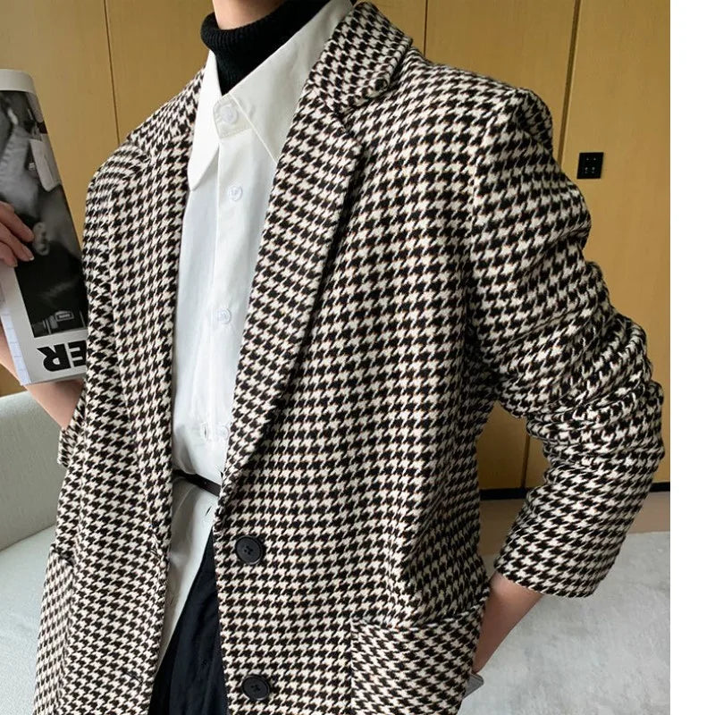 Autumn Women Vintage Houndstooth Woolen Blazer Jackets Fashion Elegant Casual Outerwear Coat With Belt Female Cardigan Clothes