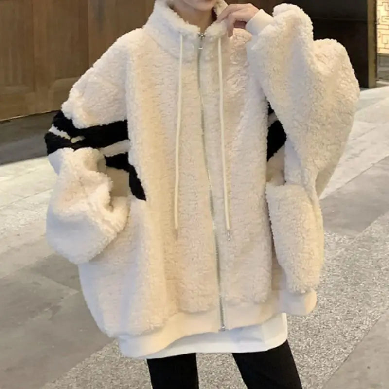 Deeptown Women Zipper Jackets Harajuku Oversized Hoodies Korean Streetwear Faux Lamb Fleece Winter Stripe Coats Casual Outerwear