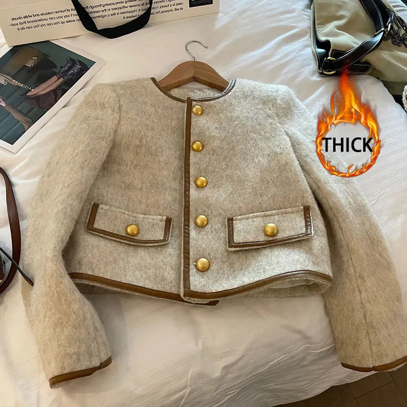 Vintage Cropped Blazer Women Korean Short Tweed Jacket Office Lady Elegant Thicken Quilted Single Breasted Outerwear Tops