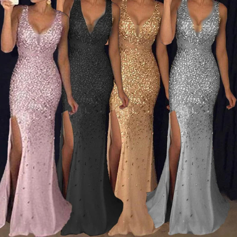 warmmeta-Plus Size New 2024 Womens Long Dress with Plus Size Straps V-neck Slit and Gold Sexy Evening Dresses with Elegant Temperament