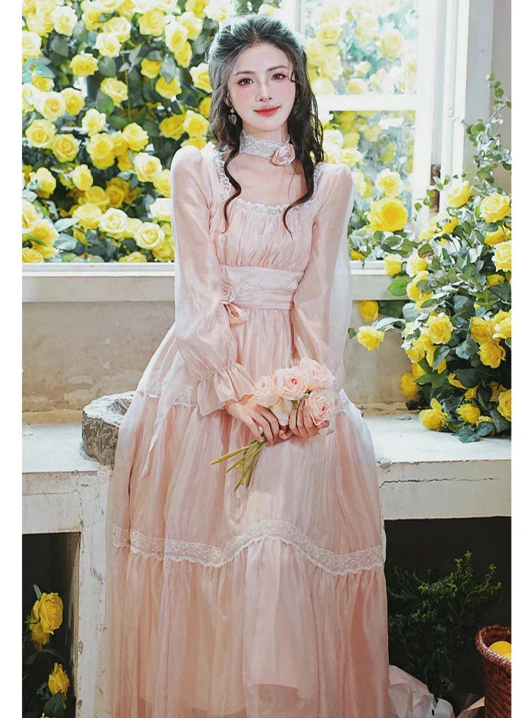 Rosepetal River Fairycore Princess Dress with Choker Necklace