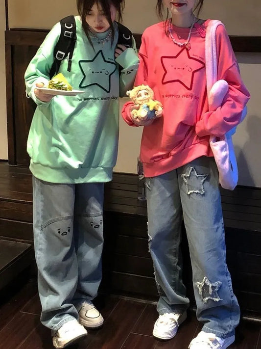 Deeptown Harajuku Kawaii Star Graphic Sweatshirt Women Japanese Style Oversized Hoodies Vintage Loose Casual Y2K Tops Streetwear