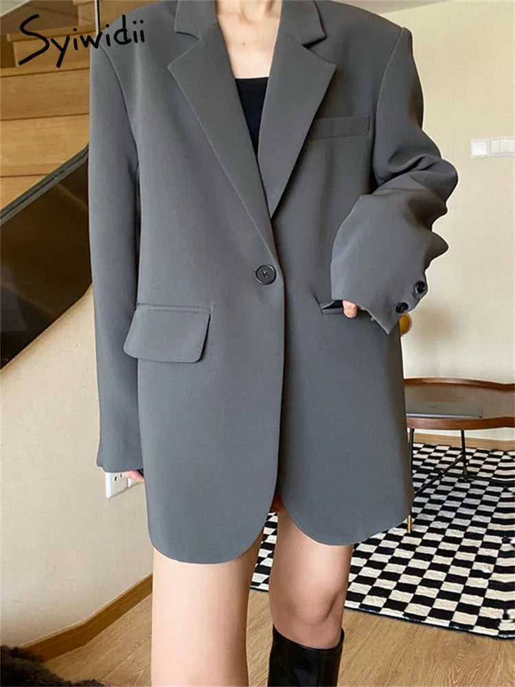 Syiwidii Office Ladies Black Blazer Jacket for Women Turn Down Collar Single Button Korean Vintage Slim Outerwear Stylish Tops