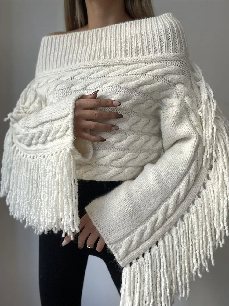 Thicken White Tassel Off Shoulder Sweater Women Elegant Slash Neck Long Sleeve Short Pullover 2024 Spring Lady Knitted Jumpers