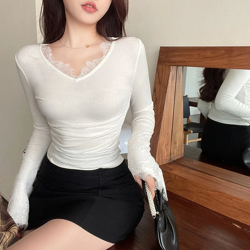 warmmeta-Women's Casual Dress 2024 Spring New Elegant Temperament Thin Velvet Version Lace Shrinking Pleated Micro Sleeve Top