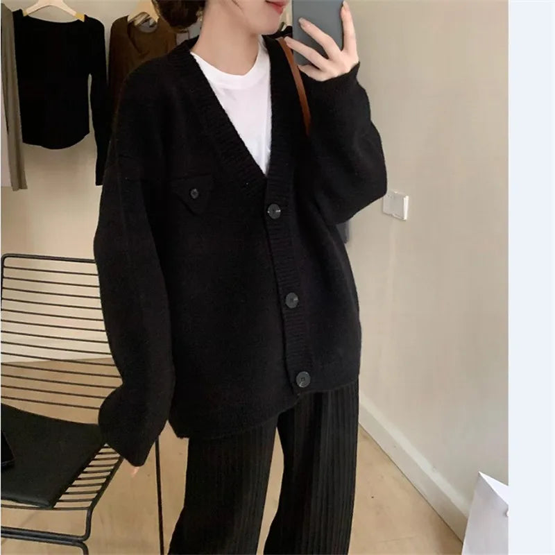 New Women's Sweaters Fashion Loose All-match Knitwear Coats 2023 Spring Autumn Korean Lazy Style V-neck Single-breasted Top