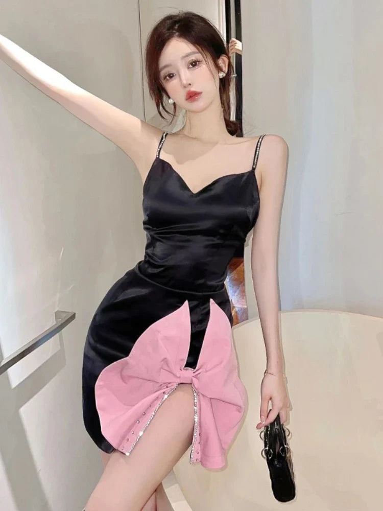 WARMMETA Spaghetti Strap Dresses Women Bow Beaded V Neck Split Patchwork Backless Sexy Party Dress Black Vintage Ladies Fashion