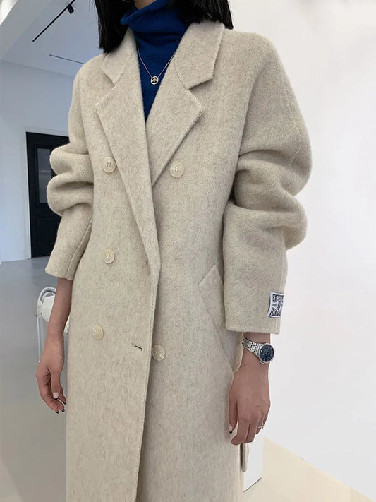 New High-end Women Wool Herringbone Loose Double-sided Wool Coat Temperament Handmade Natural Wool Fashion Jacket Autumn Winter