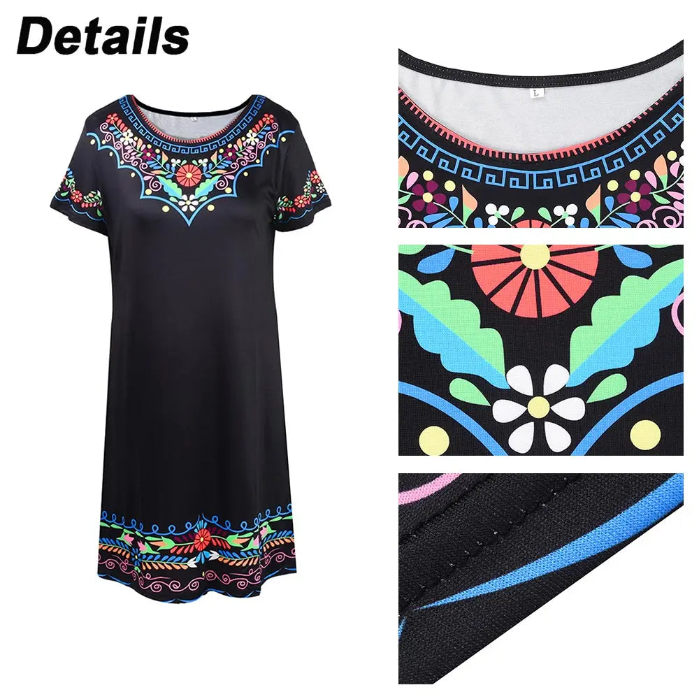 WARMMETA Vintage Elegant Ethnic Dress for Women 2024 Summer Loose Bohemian Beach Midi Dress Casual Female Clothing Pullover Skirt