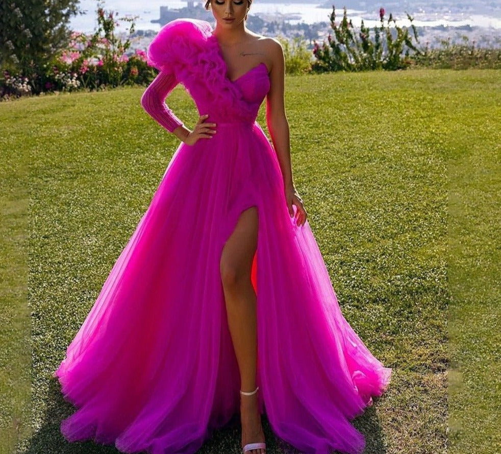 warmmeta Evening Dress Vestidos De Fiesta One Sleeve Puff robes de soirée Leg Slit prom dresses A Line Party Dress abendkleider