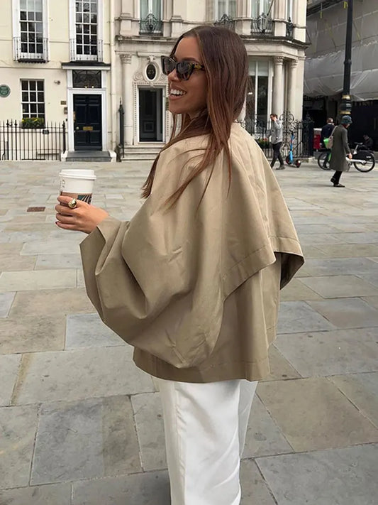 Women Khaki Cloak Lantern Sleeve Coat Turn Down Collar Short Coat Vintage Lapel Button Accessories Chic Cape Coat Fashion 2023