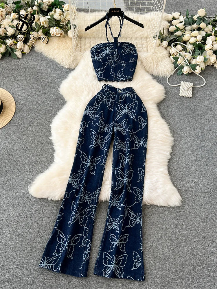 Fashion Sexy Denim Suits Halter Strapless Backless Mini Tops+High Waist Long Skinny Pants Women Summer Streetwear Sets