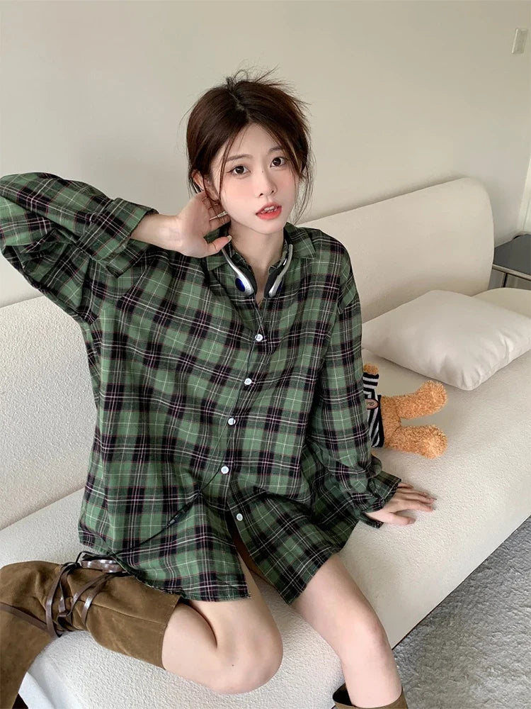 warmmeta-Retro Classic Plaid Design Women Baggy Shirt Turn-down Collar Long Sleeve Female Blouses Spring Summer BF Vintage Oversize Chic