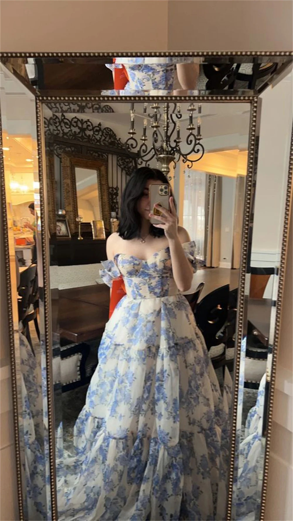 Sansa Sweet فساتين السهرة Blue And White Porcelain Vestidos De Noche Sexy Puffy Sleeve A-line Prom Dress فساتين سهره فاخره