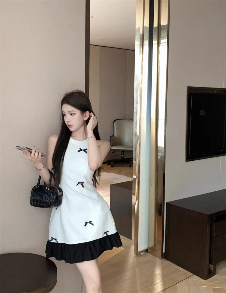 WARMMETA Vintage Dresses Women Bowknot Sleeveless Halter Ruffles Summer New Slim Elegant Mini Dress Party Chic Female Sweet