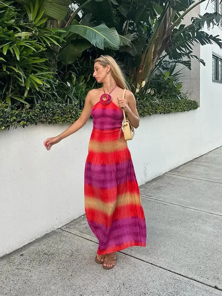 Fashion 3d Flower Gradient Stripes Printed Halter Dress Summer Lady Backless A-line Maxi Vestidos Female Beach Vacation Dresses