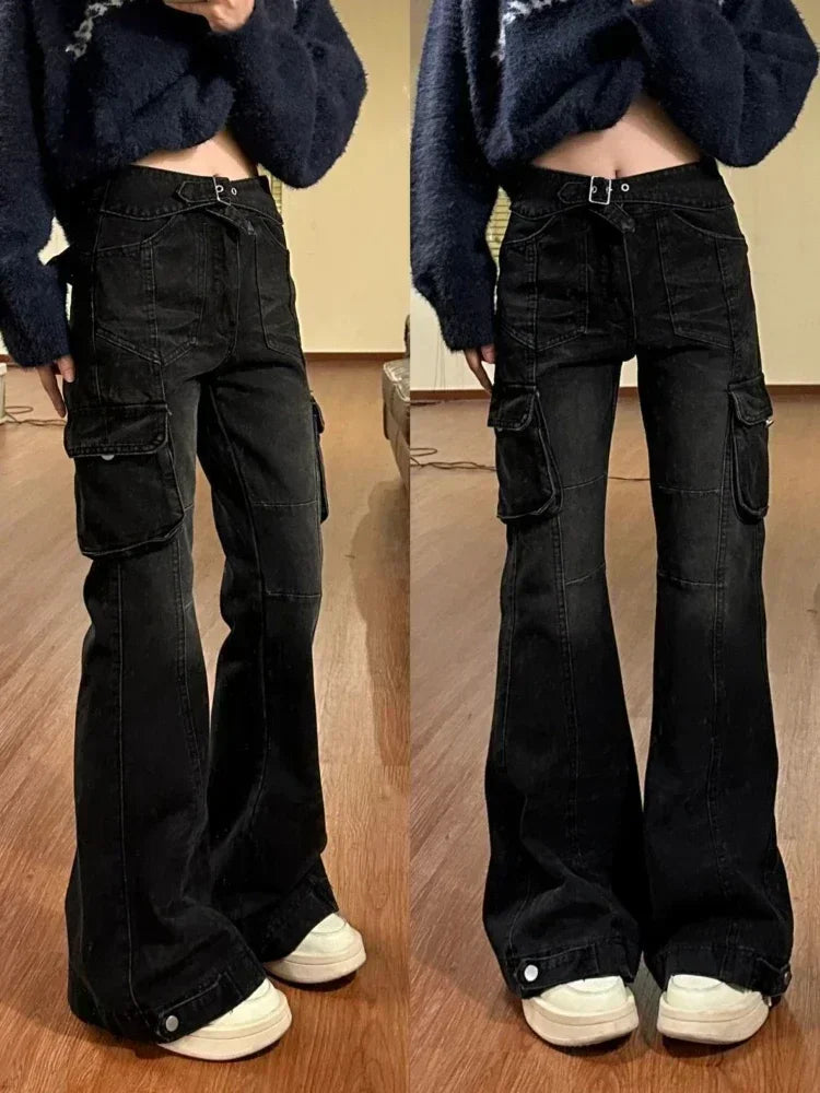 Black Cargo Flare Jeans Women Streetwear Vintage Baggy Korean High Waist Denim Pants Y2k Causal Kpop Wide Leg Trousers