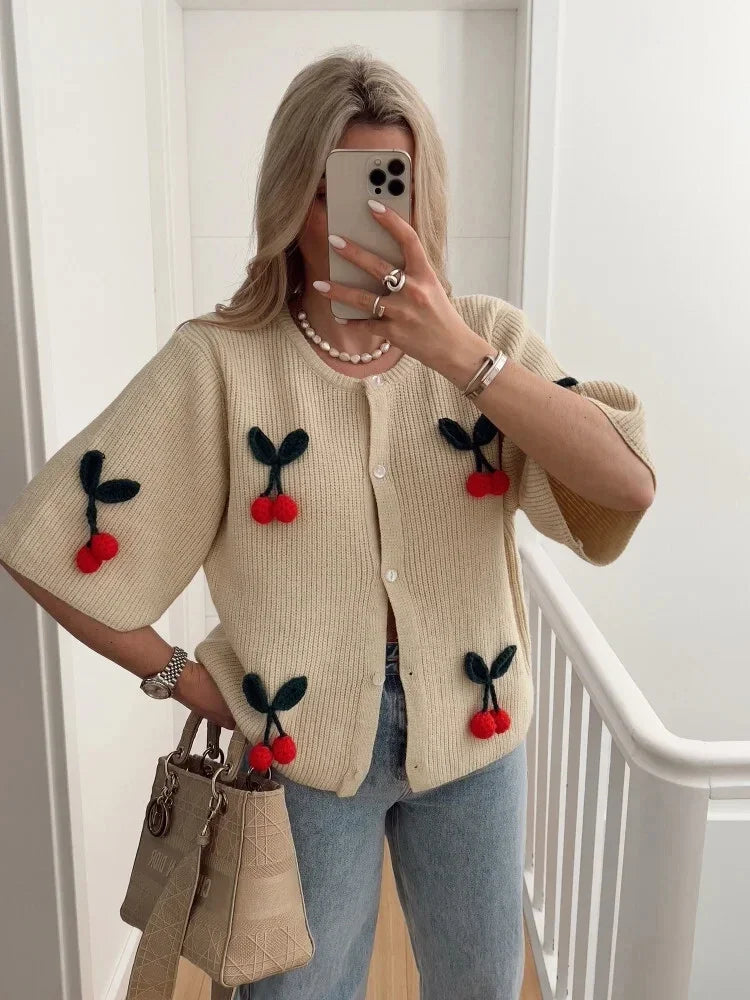 Spring 3d-cherry Decoration Knitted Cardigan Women's Elegant O-neck Short Sleeves Tops 2024 Summer Female Party High Streetwear