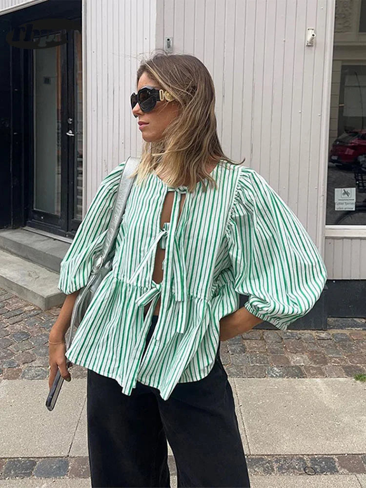 Spring Chic Hollow Out Lace-up Striped Shirt For Women Elegant Crew Neck Half-sleeved Loose Blouse 2024 Lady Fashion Streetwear