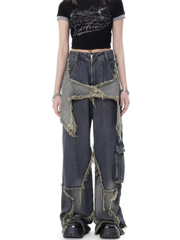 Super Beautiful Flower High Waist Summer Loose Wide Leg Vintage Style Unique Versatile Straight Leg Pants Women's Jeans