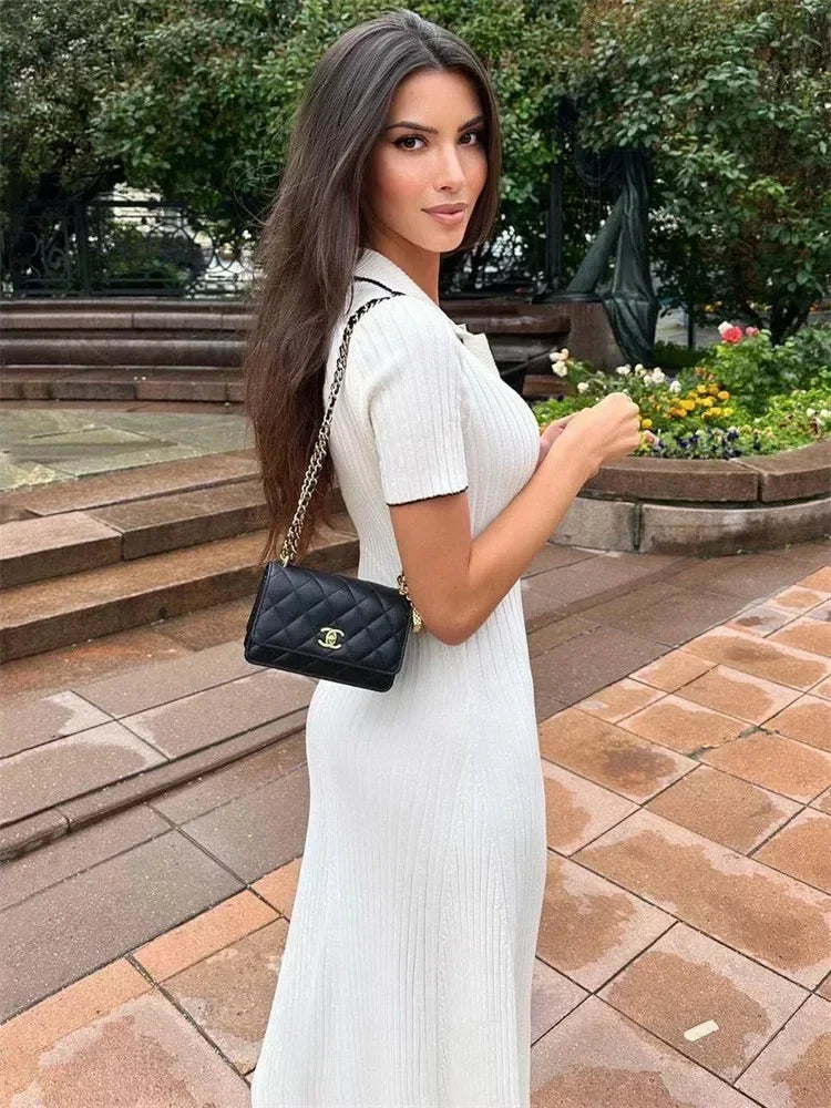 Tea party dress to impress  Spring Summer Fashion Women Dresses Knitting Short Sleeve Office Lady Chic Casual Lapel High Street Vestidos 2024