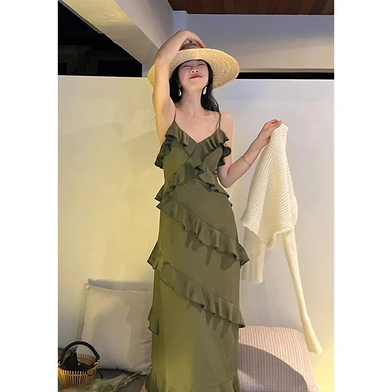 Picsgirl -  spring new ruffle suspender dress Korean design feeling slit slim long skirt  dress for women   evening dresses