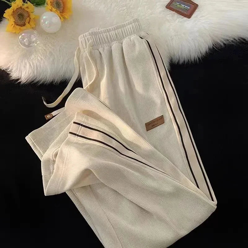 Fall Striped Corduroy Sweatpants Women Winter Thick High Waist Drawstring Wide Leg Trousers Y2K Korean All-Match Straight Pants