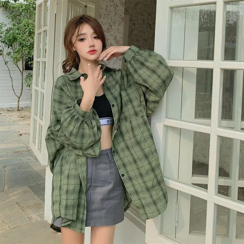 Korean Lazy Style Baggy Women Shirts Vintage Single-Breasted Lantern Sleeve Blouses Female Harajuku Streetwear Cardigan Shirt