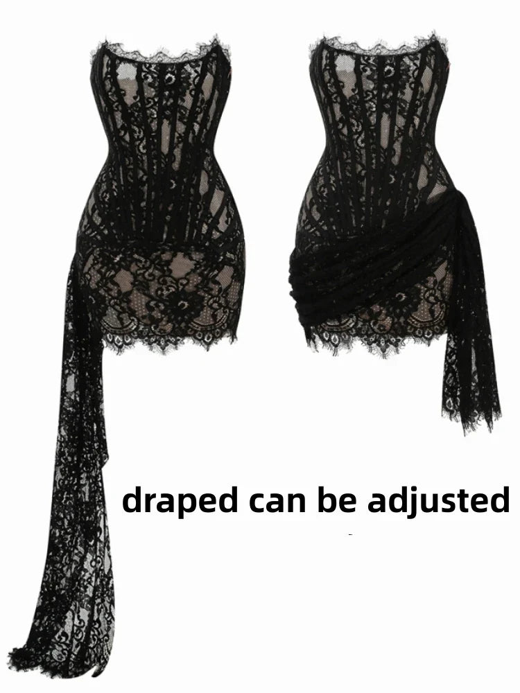 Women's Sexy Strapless Lace Corset Mini Dress Sleeveless Lace-up Adjusted Draped Black Bodycon Dresses Elegant Party Club Gowns