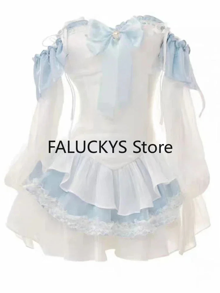 WARMMETA Summer Blue Lolita Clothing Suit Slim Vest + Kawaii Y2k Mini Dress Elegant Short Party Dress Japanese Style Fashion Suit