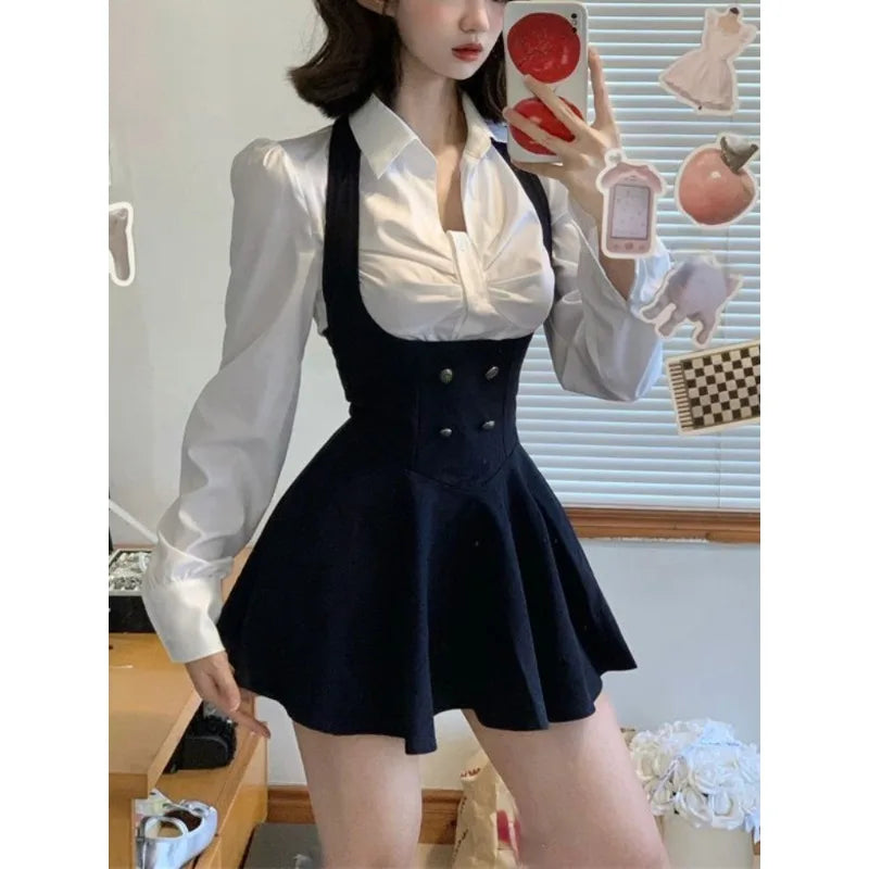 warmmeta Preppy Style Vintage Fashion Suit Woman White Shirt + Short Coat + High Waist Slim Y2k Mini Dress Japanese Elegant Set Chic