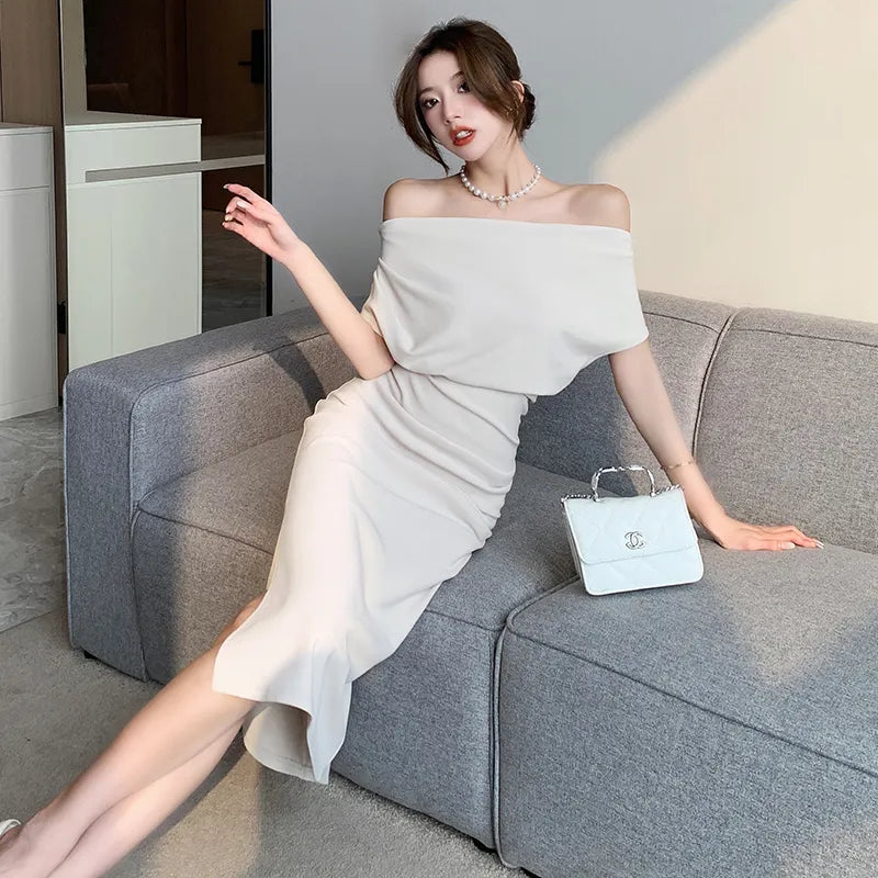 warmmeta French Temperament Celebrity Wind Sexy Strapless Oblique Collar Dress Female Spring and Summer Slim Open Package Hip Long Dress