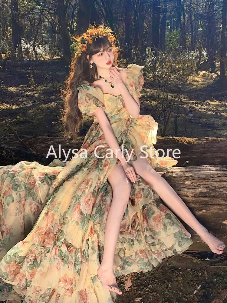 Ruffles Floral Long Fairy Dresses Women Summer Elegant Party Sweet Princess Dress Female Fashion Korean Split Dress Casual