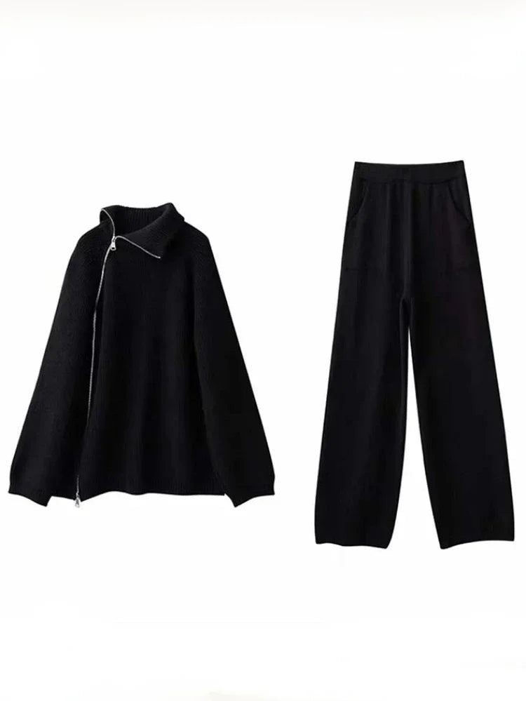 Autumn Knitted Two Piece Set Women 2023 Zipper Sweaters and Wide-leg Pants Suit Solid High-neck Pullover Sets for Women 2 Pieces