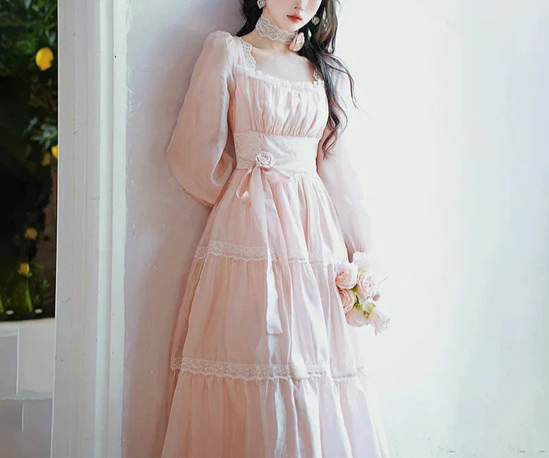 Rosepetal River Fairycore Princess Dress with Choker Necklace