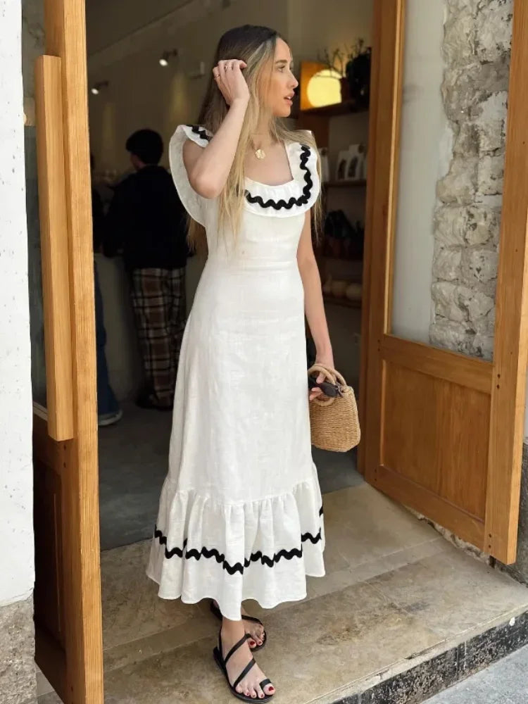 Fashion Icon Dress To impress Women Holiday Contrasting Ruffles Sleeveless Maxi Dress Chic Square Collar Flying Sleeve Slim Dresses Lady Vacation Beach Robes