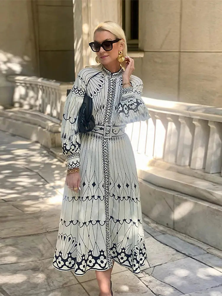 Women Elegant Ink Style Print Midi Dress With Belt Lantern Long Sleeve O-neck Dresses 2024 Chic Lady Casual Vacation Vestidos