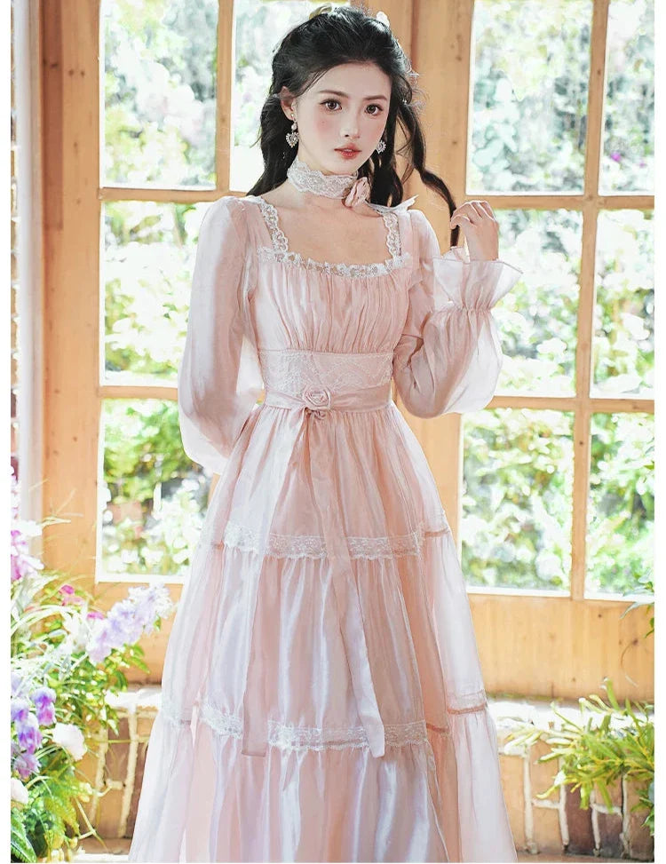 Rosepetal River Fairycore Princess Dress with Choker Necklace