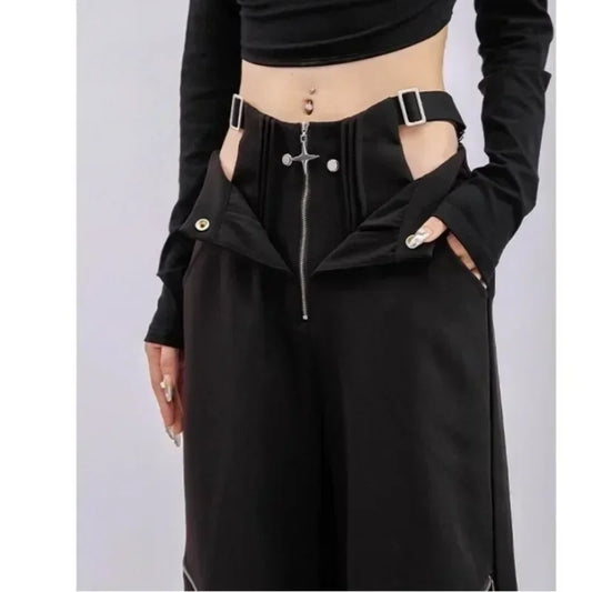 Deeptown Black Y2k Gothic Cargo Pants for Women Gyaru Oversized Vintage Baddies Streetwear Trousers Coquette Harajuku Techwear