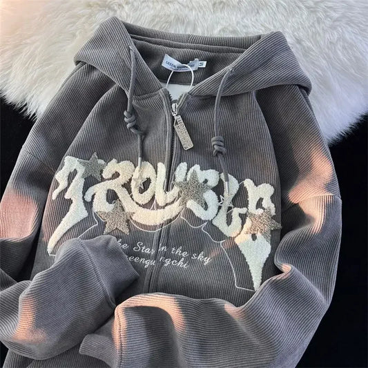 Women Letter Embroidered Hoodies 2023 Autumn Winter Vintage Zip Up Loose Sweatshirts Harajuku Long Sleeve Hooded Jacket Clothes