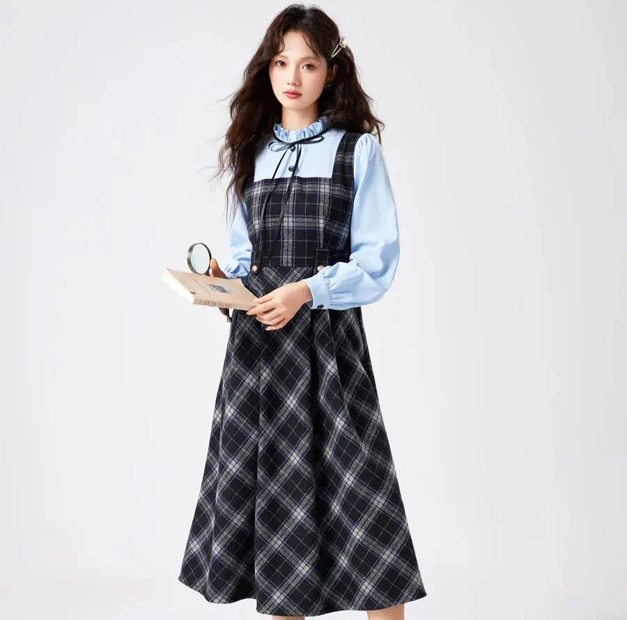 Blue Stories Dark Academia Plaid Long Sleeve Dress