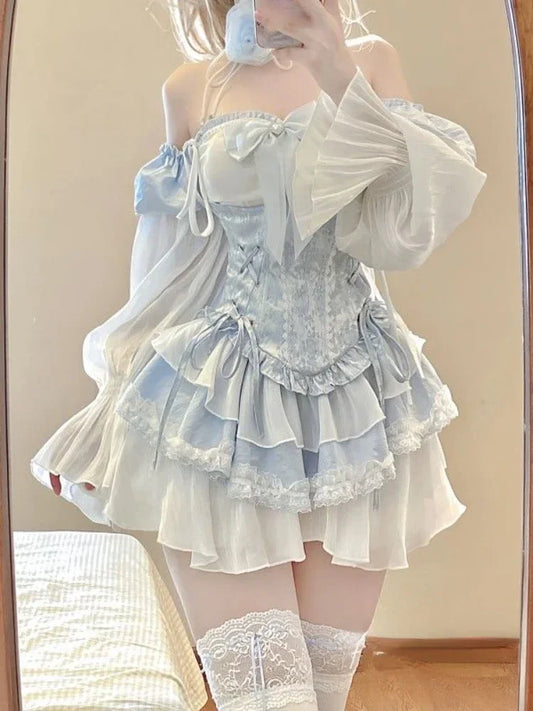 WARMMETA Summer Blue Lolita Clothing Suit Slim Vest + Kawaii Y2k Mini Dress Elegant Short Party Dress Japanese Style Fashion Suit