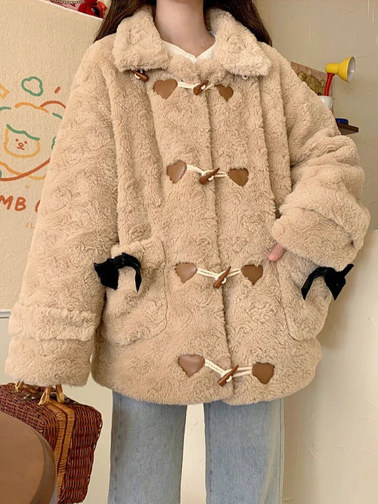 Blue Plush Coat Women Korean Fashion Kawaii Preppy Style Heart Jacket Female Autumn Winter Casual Warm Bow Horn Button Outerwear