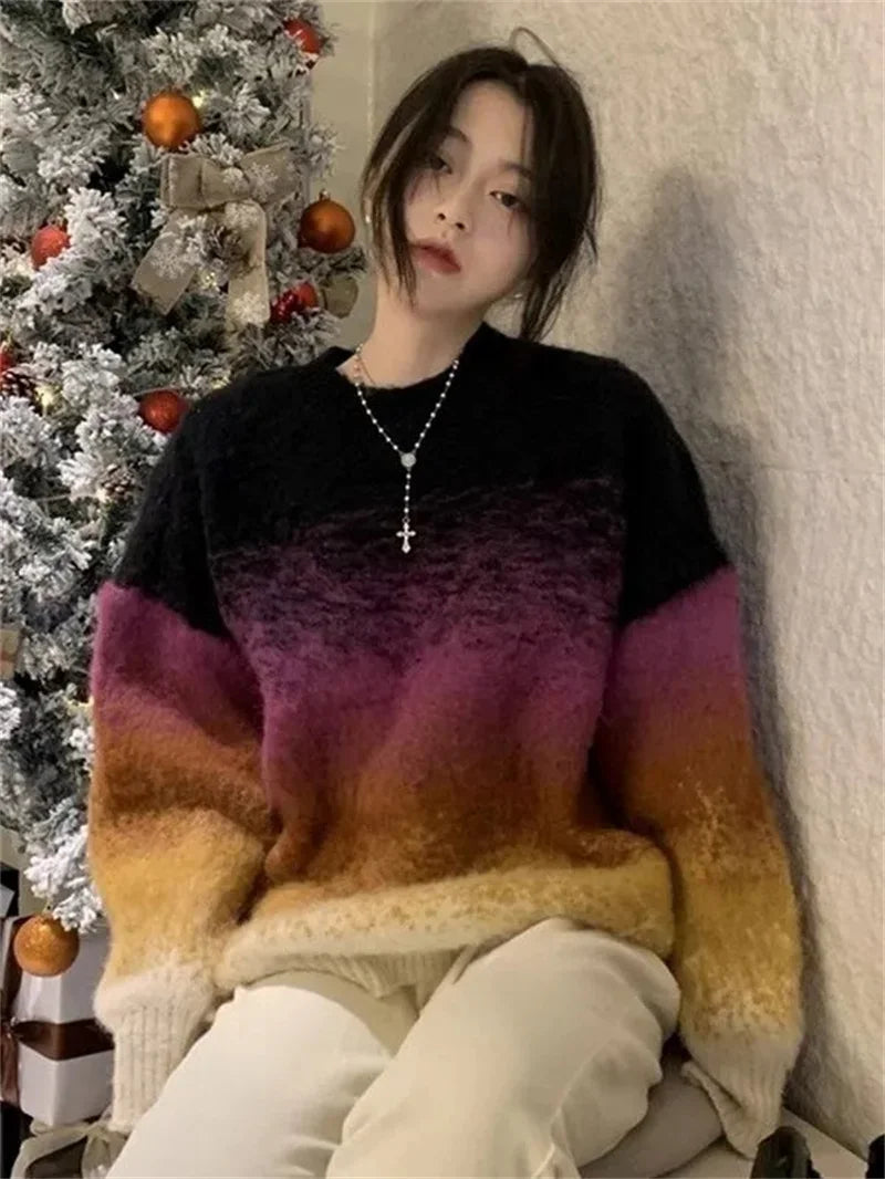 Japanese Lazy Style Design Color Gradient Mohair Sweater Women's 2024 Autumn/Winter New Thickened Mid Length Pullover Sweater