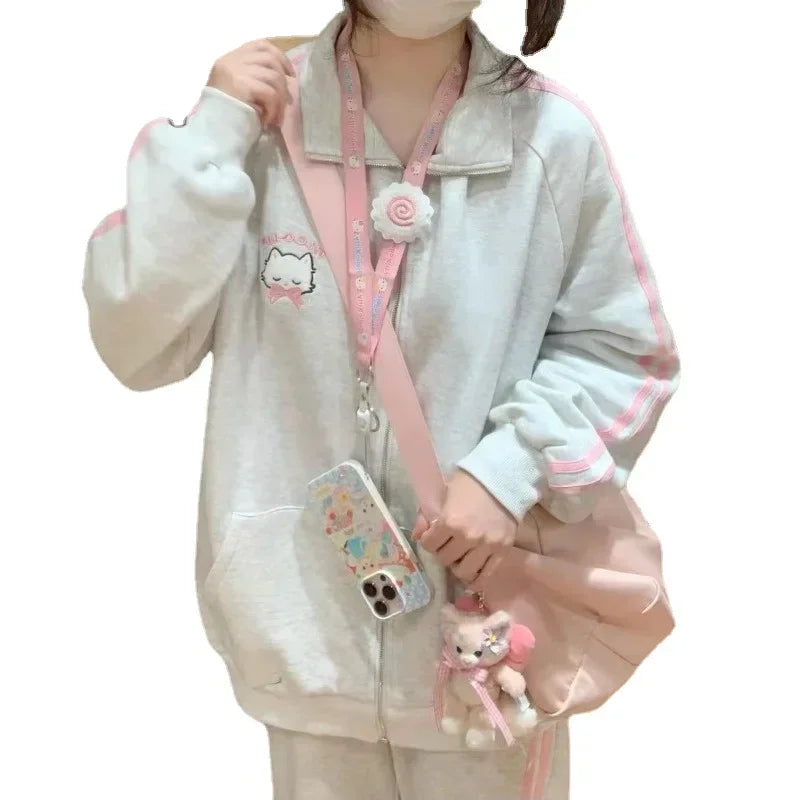 HOUZHOU Japanese Fashion Kawaii Zipper Hoodie Women Harajuku Cute Pink Cat Embroidery Oversized Hooded Sweatshirt  Winter 2023