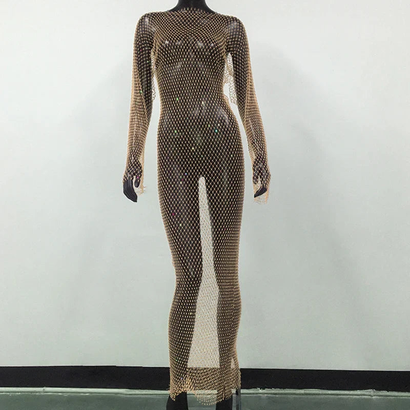 warmmeta-Y2K Sexy Shiny Rhinestones Grid Fishnet Dress Long Sleeve Hollow Out Side Slit Dress Beach Cover Up Breathable Lady Vestidos